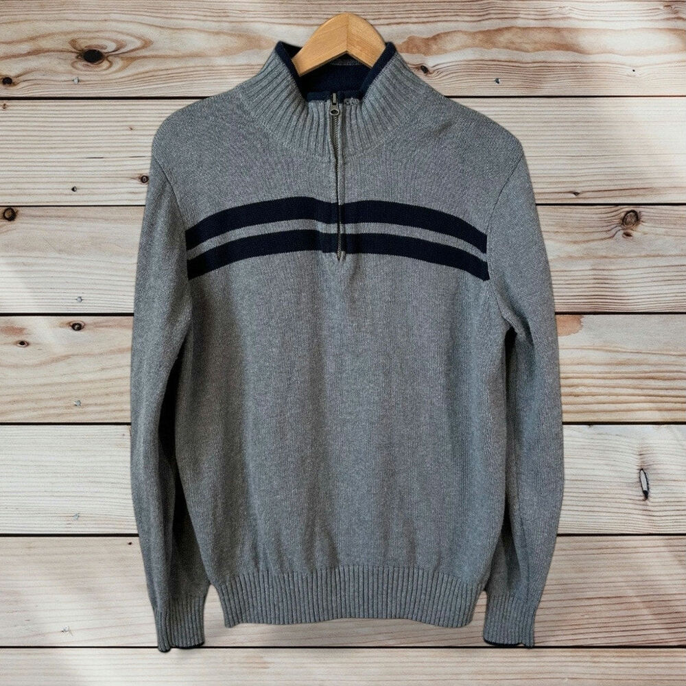 DOCKERS Mens 1/4 Zip Knit Cotton Striped Sweater Gray Medium Classic Pullover